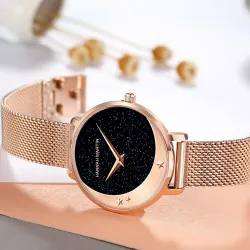Elegante Quarzuhr - Edelstahl-Mesh-Armband - Mond / Sterne