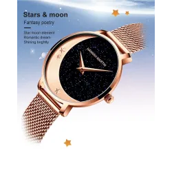 Elegante Quarzuhr - Edelstahl-Mesh-Armband - Mond / Sterne