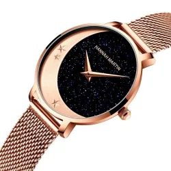 Elegante Quarzuhr - Edelstahl-Mesh-Armband - Mond / Sterne