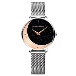 Elegante Quarzuhr - Edelstahl-Mesh-Armband - Mond / Sterne