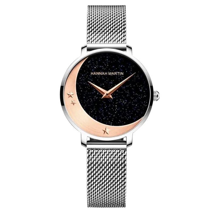 Elegante Quarzuhr - Edelstahl-Mesh-Armband - Mond / Sterne