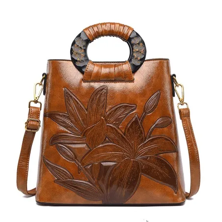 Elegante Umhängetasche aus Leder - Blumen bedruckt