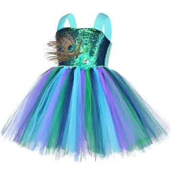 Pfauenkostüm - Kleid mit Federn / Blumen