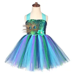 Pfauenkostüm - Kleid mit Federn / Blumen