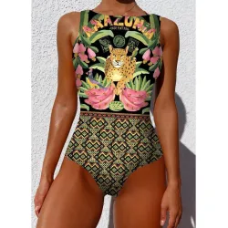 Einteiliger Badeanzug - buntes Muster - mit Push-up
