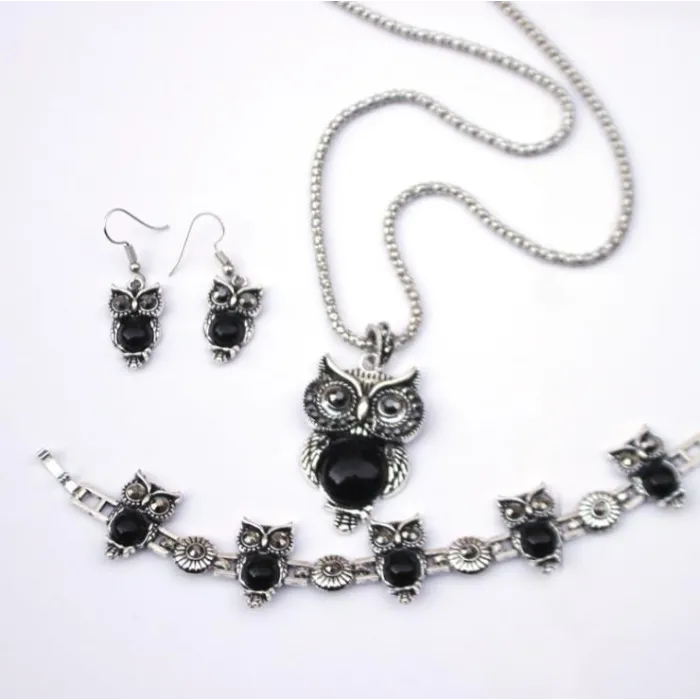 Silberschmuckset - mit Eulen - Halskette / Ohrringe / Armband