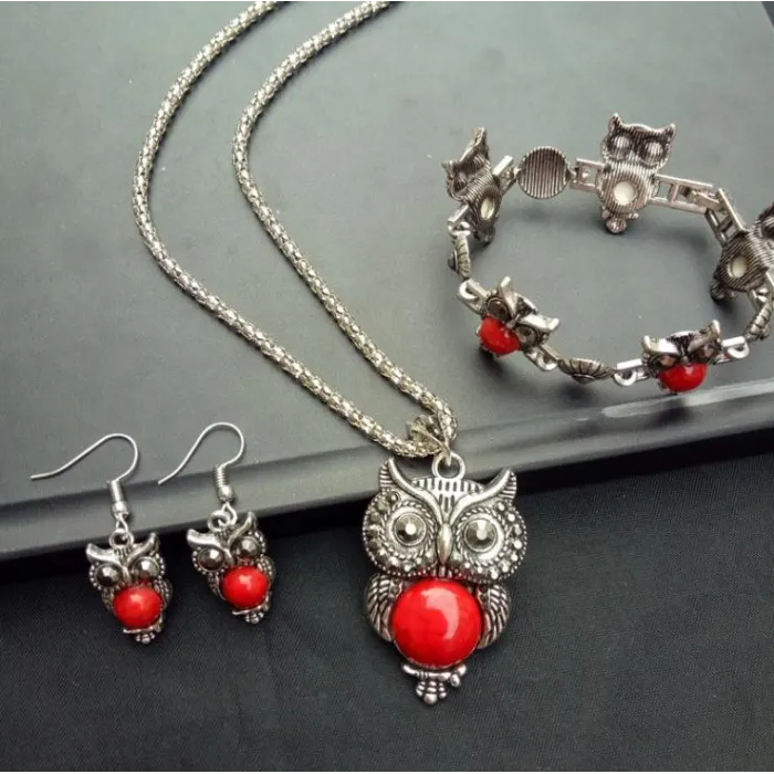 Silberschmuckset - mit Eulen - Halskette / Ohrringe / Armband