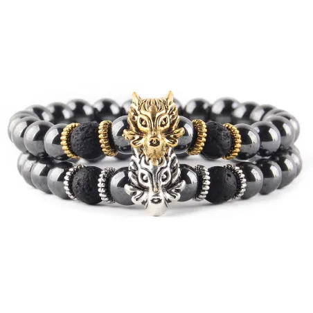 Natural stone - black beads - bracelet - metal wolf / owl / buddhaBracelets