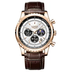 LIGE – Luxus-Quarzuhr aus Edelstahl – leuchtend – Lederarmband – wasserdicht – Roségold/Weiß