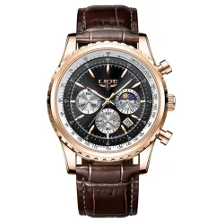 LIGE – Luxus-Quarzuhr aus Edelstahl – leuchtend – Lederarmband – wasserdicht – Roségold / Schwarz