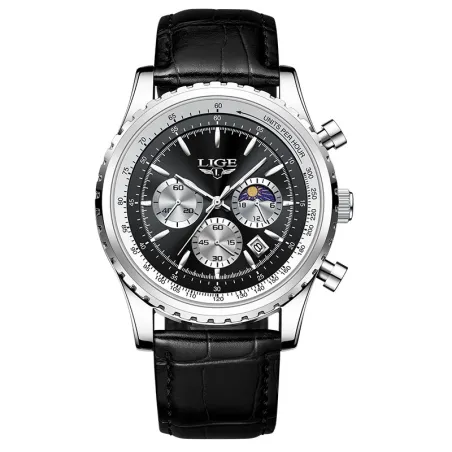 LIGE – Luxus-Quarzuhr aus Edelstahl – leuchtend – Lederarmband – wasserdicht – schwarz