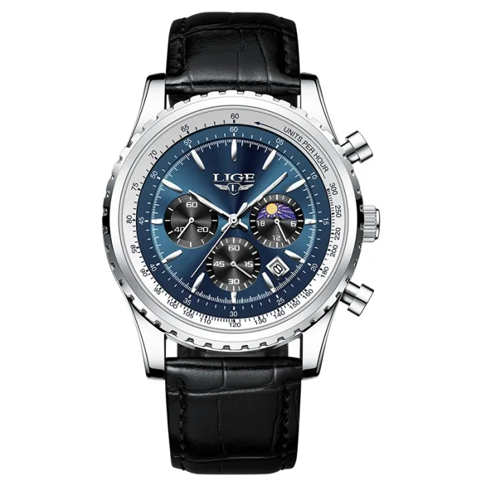 LIGE – Luxus-Quarzuhr aus Edelstahl – leuchtend – Lederarmband – wasserdicht – blau
