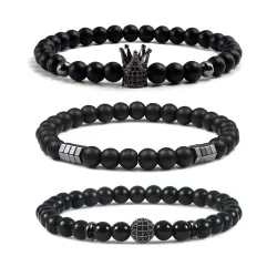 Schwarzes Perlenarmband - dekorative Krone / Kugel / Kreuz