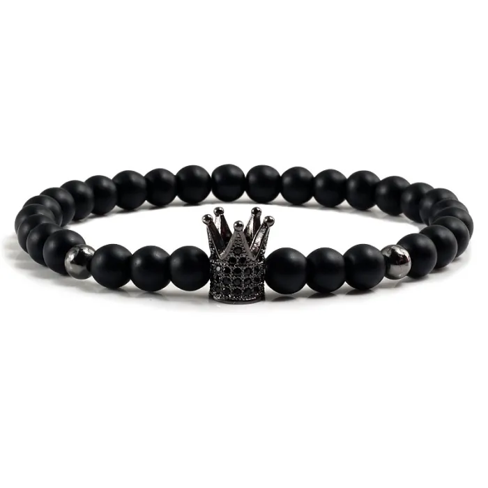 Schwarzes Perlenarmband - dekorative Krone / Kugel / Kreuz
