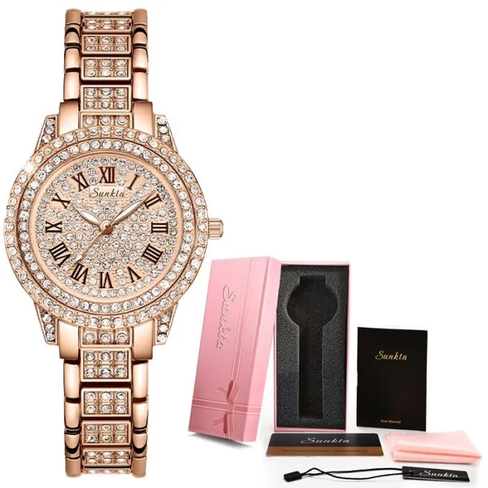 SUNKTA – elegante Quarzuhr mit Kristallen – Roségold