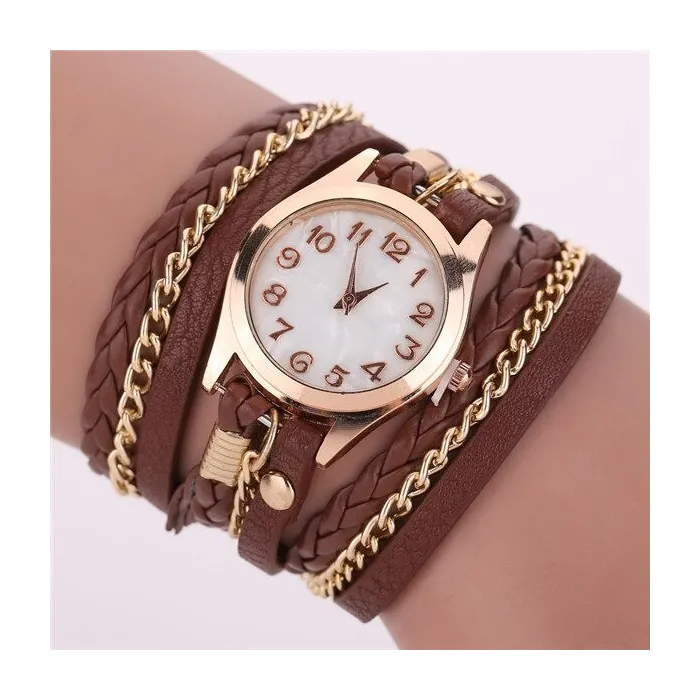 Mehrschichtiges Lederarmband – mit runder Quarzuhr