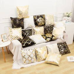 Dekorativer Kissenbezug – goldene Blätter / geometrisches Muster – 45 cm * 45 cm