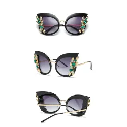 Modische Cat-Eye-Sonnenbrille – dekorative Blätter/Kristalle