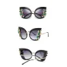 Modische Cat-Eye-Sonnenbrille – dekorative Blätter/Kristalle