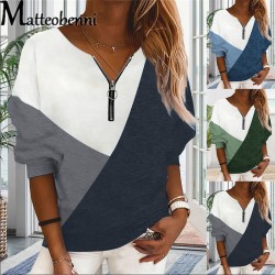 Klassischer, lockerer Pullover – Kontrastfarben – V-Ausschnitt mit Reißverschluss