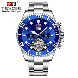 TEVISE – elegante Automatikuhr – Edelstahl – wasserdicht – silber/blau