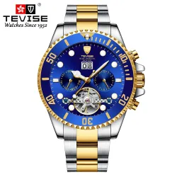 TEVISE - elegante Automatikuhr - Edelstahl - wasserdicht - Gold / Blau