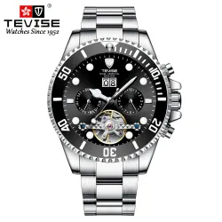 TEVISE - elegante Automatikuhr - Edelstahl - wasserdicht - Silber / Schwarz