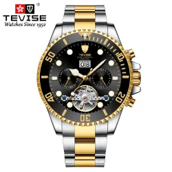 TEVISE - elegante Automatikuhr - Edelstahl - wasserdicht - Gold / Schwarz