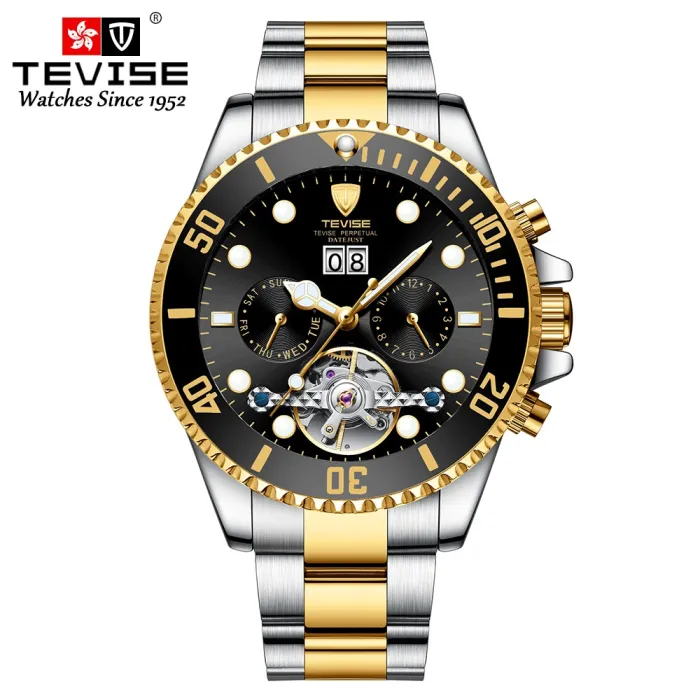 TEVISE - elegante Automatikuhr - Edelstahl - wasserdicht - Gold / Schwarz