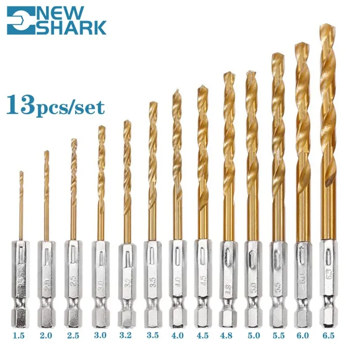 Twist drill bit set - hex shank HSS - titanium coated - 1.5mm-6.5mm - 13 piecesBits & drills