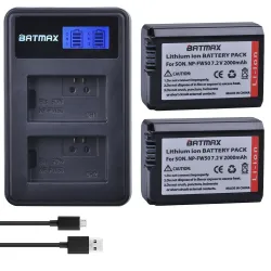 2000 mAh NP-FW50 NP FW50 Kamera-Akku – LCD-USB-Dual-Ladegerät – für Sony Alpha a6500 a6300 a6000 – 2 Stück