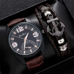 Modische Quarzuhr - mit Lederarmband - Set