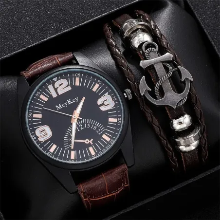 Modische Quarzuhr - mit Lederarmband - Set
