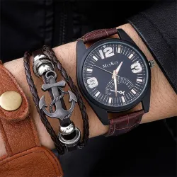 Modische Quarzuhr - mit Lederarmband - Set