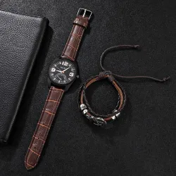 Modische Quarzuhr - mit Lederarmband - Set