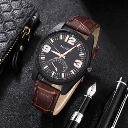 Modische Quarzuhr - mit Lederarmband - Set