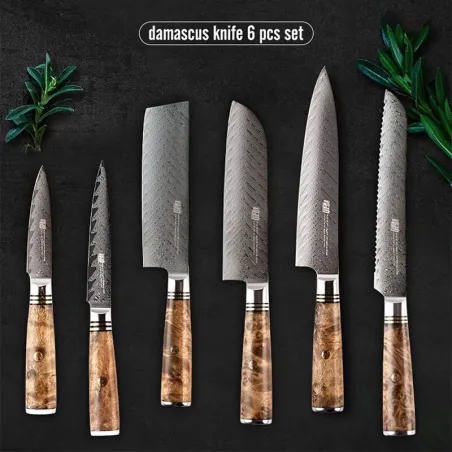 Damastmesserset - scharfe Klinge - Holzgriff - Magnethalter - 6-teilig