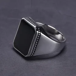 925er Silberring - Siegelring mit schwarzem Stein
