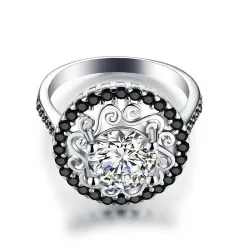 Elegant silver ring - hollow out flower - white / black crystalsRings