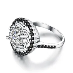 Eleganter Silberring - ausgehöhlte Blume - weiße / schwarze Kristalle