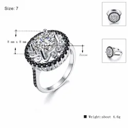 Eleganter Silberring - ausgehöhlte Blume - weiße / schwarze Kristalle