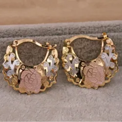 1 Pair Trendy Rose Pattern Gold Plated Hollow Out Hoop Earrings for Women Fashion Jewelry Accessories Wedding Party Birthday Gi
