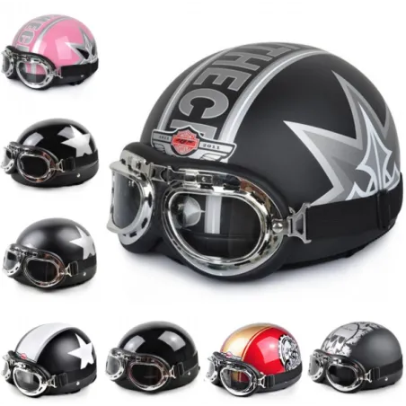 Vintage Motorrad Scooter Open Face Halbhelm & Visor & Goggles