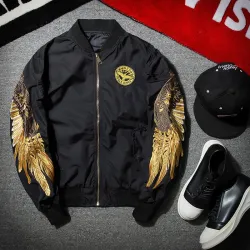 Black bomber jacket with embroidered golden wingsJackets