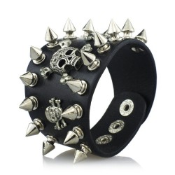 Gothic leather bracelet with skull & rivets - unisex