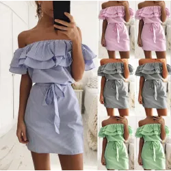 Aus Schultern trägerlosen gestreiften Rüschen Minikleid