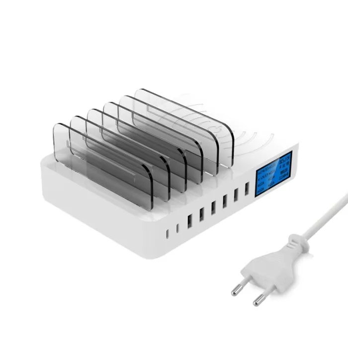 8 Port USB-Ladegerät mit drahtloser Aufladung - Type-C - LED-Anzeige und Stand