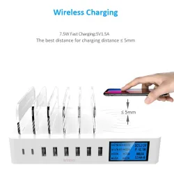 8 Port USB-Ladegerät mit drahtloser Aufladung - Type-C - LED-Anzeige und Stand