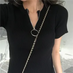 Casual Short Sleeve Top mit Reißverschluss - T-Shirt