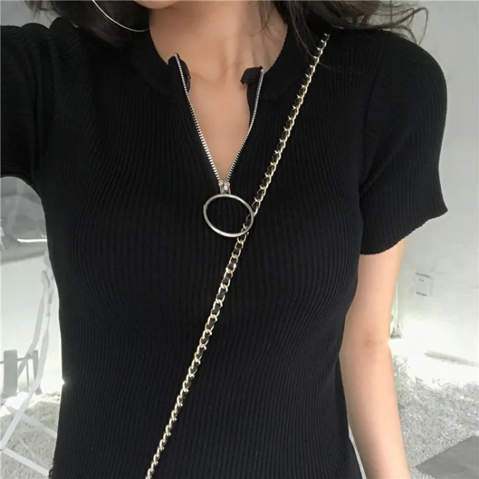 Casual Short Sleeve Top mit Reißverschluss - T-Shirt